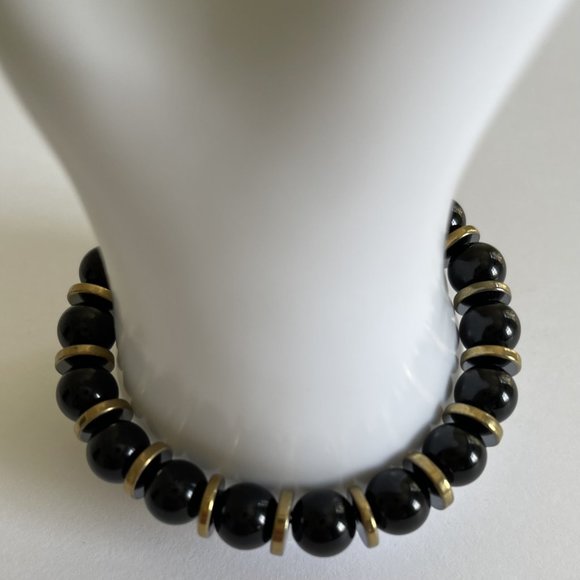 10mm Black Obsidian with Gold Hematite Spacer Crystal Round Stretch Bracelet - Picture 3 of 6